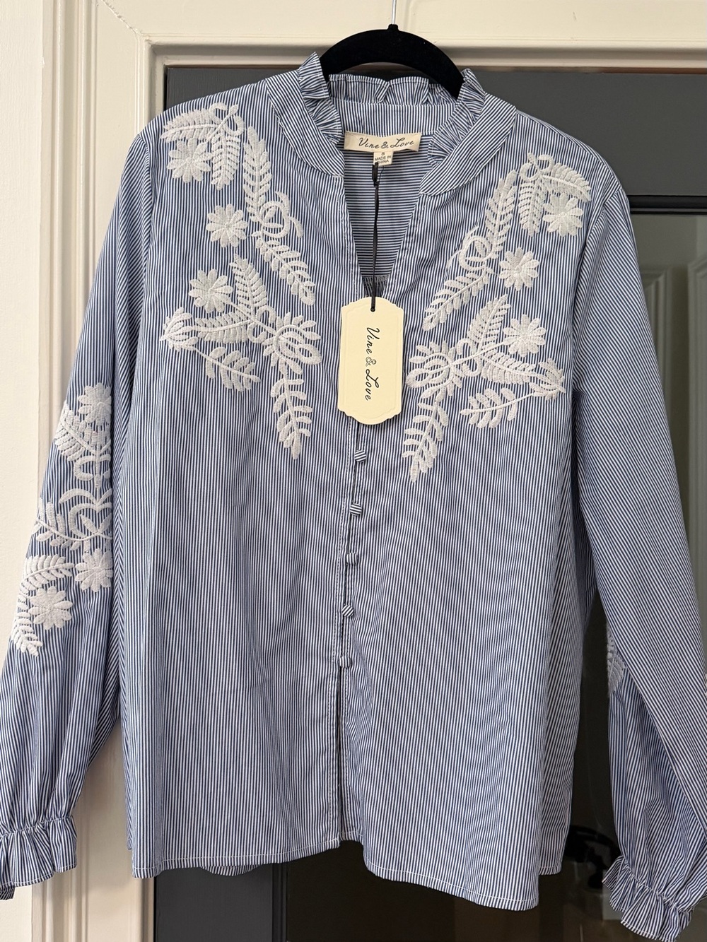 Vine & Love Blue and White Striped Embroidered Button-Down Top